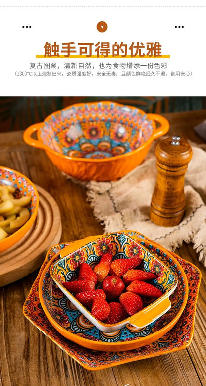 Bohemia Ceramic Rice Bowl Serving Plate Creative Ceramic Cutlery Soup Noodle Bowl Household Handle Bowl Sauce Dish