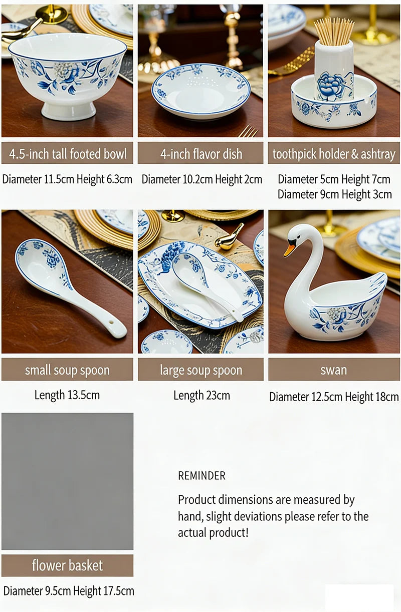 Blue And White Porcelain Tableware Set 18/28/56/30pcs Ceramics Dish Sets Full Set Luxury China Dinnerware Set For 4/6/10 Persons