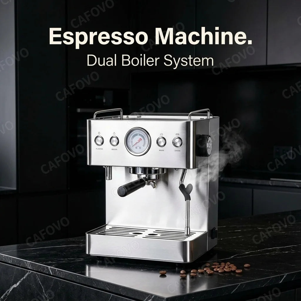 CAFOVO E129 Semi-automatic Coffee Machine Dual Boiler Dual Pump 20 Bar Espresso Machine with Pressure Gauge for Barista