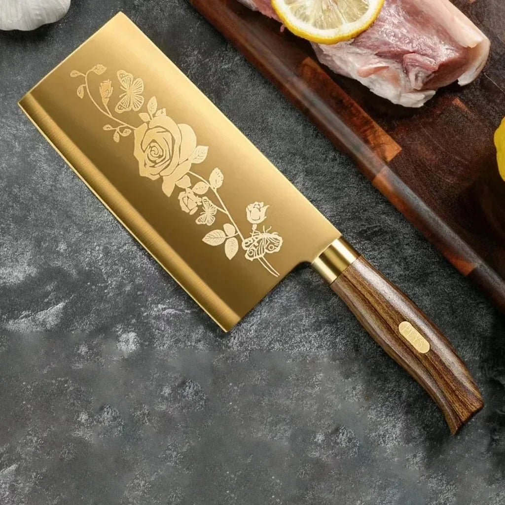 Gold Rose Pattern 4-Piece Kitchen Knife Set, Luxury Stainless Steel Chef Knives for Cooking, Sharp Professional Kitchen Tools