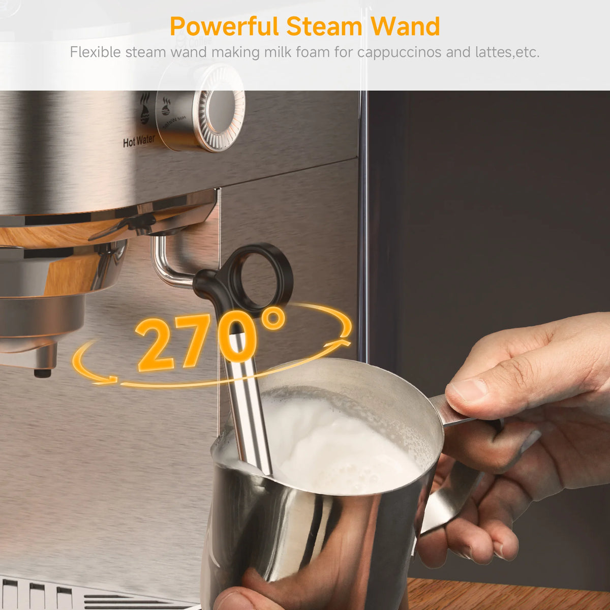BioloMix 20 Bar Stainless Steel Semi-Automatic Coffee Machine with Milk Frother Wand for Espresso Cappuccino And Powder Coffee