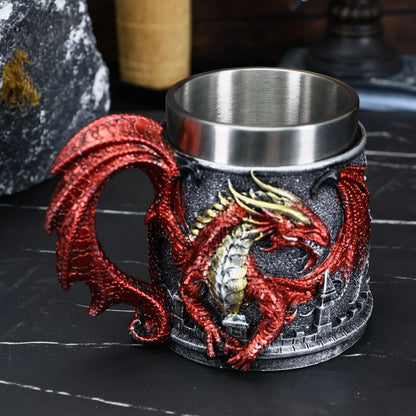 Western Monster Dragon Mark Coffee Cup, Stainless Steel Dragon Statue Water Cup, 3D Castle Guardian Dragon Beer Cup