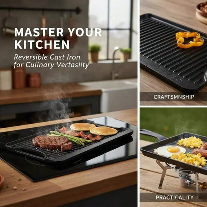 Pre-Seasoned Cast Iron Cooking Plate 20x10 Inch For Gas Stove Top, Camping BBQ, Indoor Kitchen, Double Sided Design Rectangular