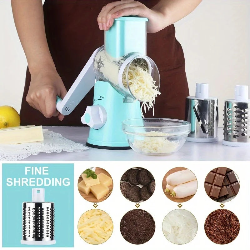 3-in-1 Rotary Cheese Grater & Vegetable Slicer - Food-Safe Plastic Kitchen Tool for Effortless Grating, Slicing - Easy Clean