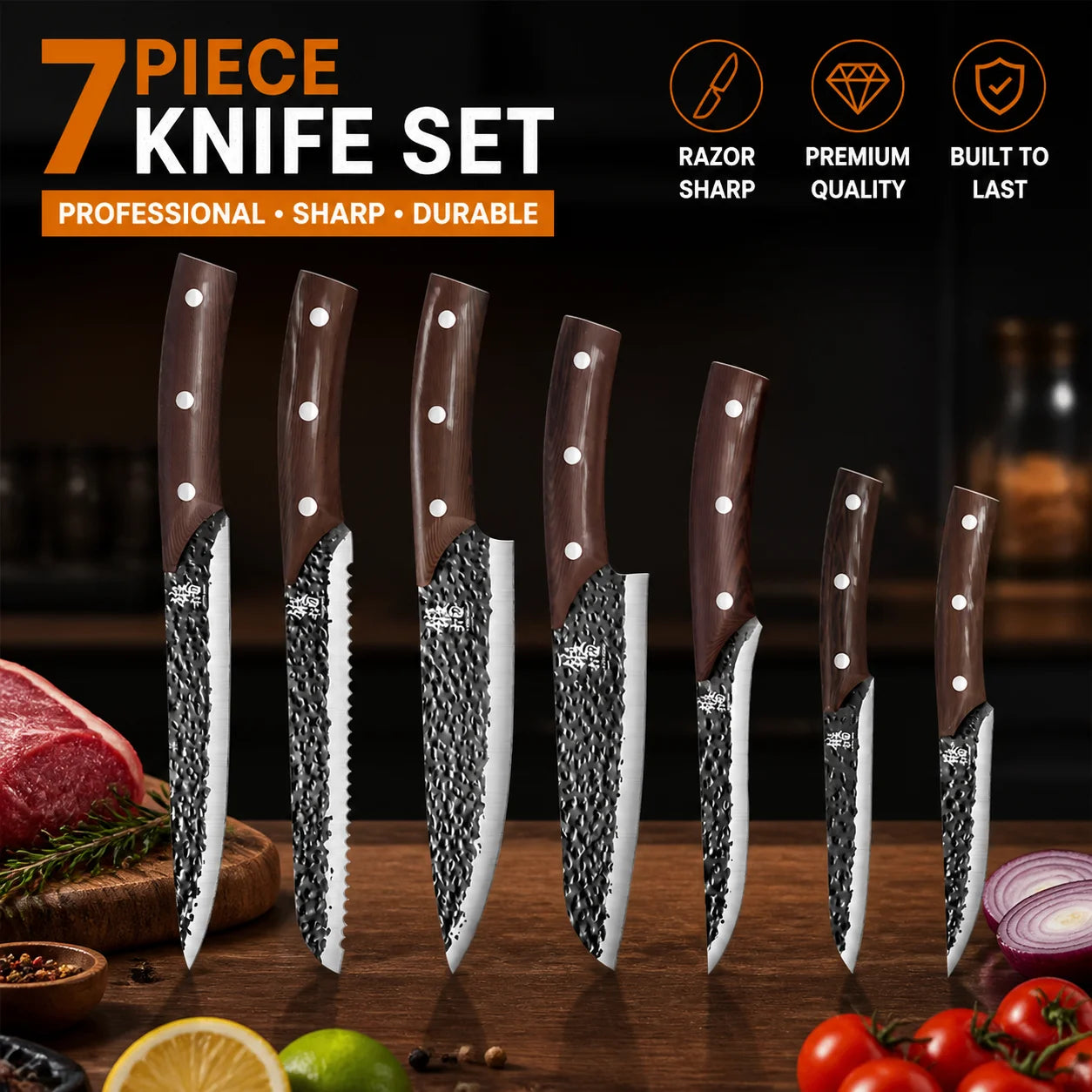 Premium 7Pcs Chef Knife Set Forged Kitchen Knives Wenge Wood Handle High Carbon Stainless Steel Full Tang ForHome Cooking&BBQ