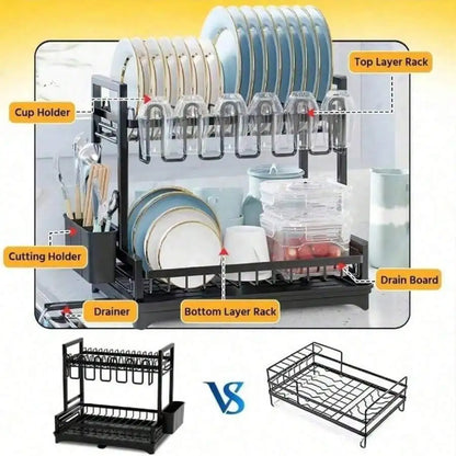 Dish Drying Rack,2-Tier Stainless Steel Dish Rack With Drainer Plate,Cup & Utensil Holder,Cutting Board Storage,Space-Saving Kitchen Organizer For Kitchen Counter & Sink,Mugs & Dinner Plates,Apartment Essentials,Kitchen Acces