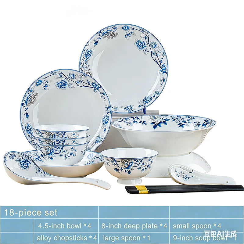 Blue And White Porcelain Tableware Set 18/28/56/30pcs Ceramics Dish Sets Full Set Luxury China Dinnerware Set For 4/6/10 Persons
