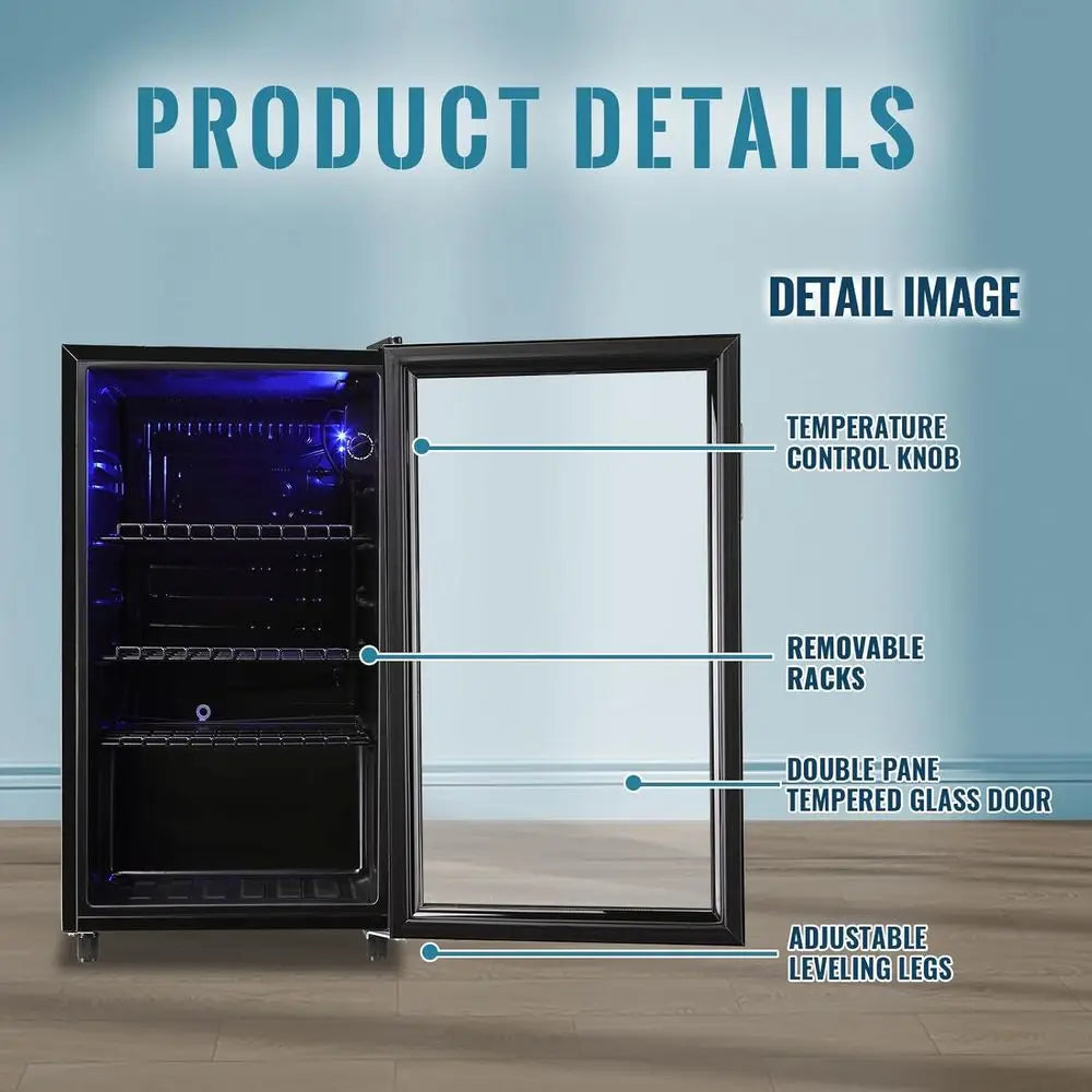 120-Can Glass Door Mini Fridge with LED Light for Beverages and Wine, Ideal for Home or Office