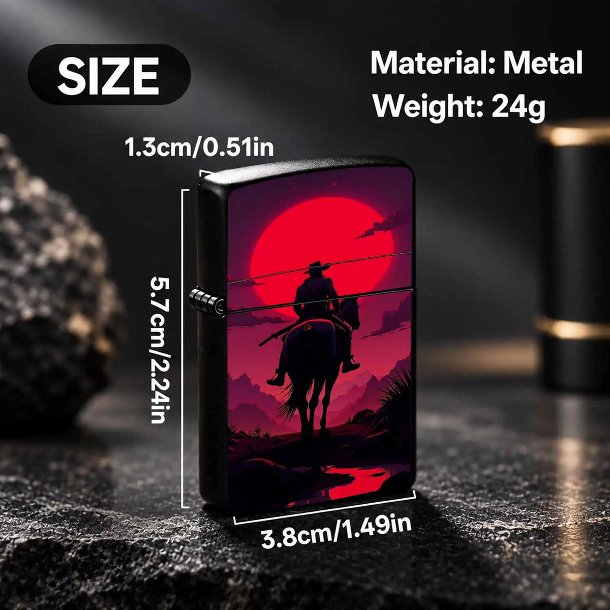 Western Cowboy Rider Horse Silhouette Lighter, Red Sunset Desert Retro Aesthetic Art Pattern Portable Lighter, Ideal For Daily Outdoor Travel Camping, Exquisite Unique Gift For Men And Women, Decorative Practical Access A Hum