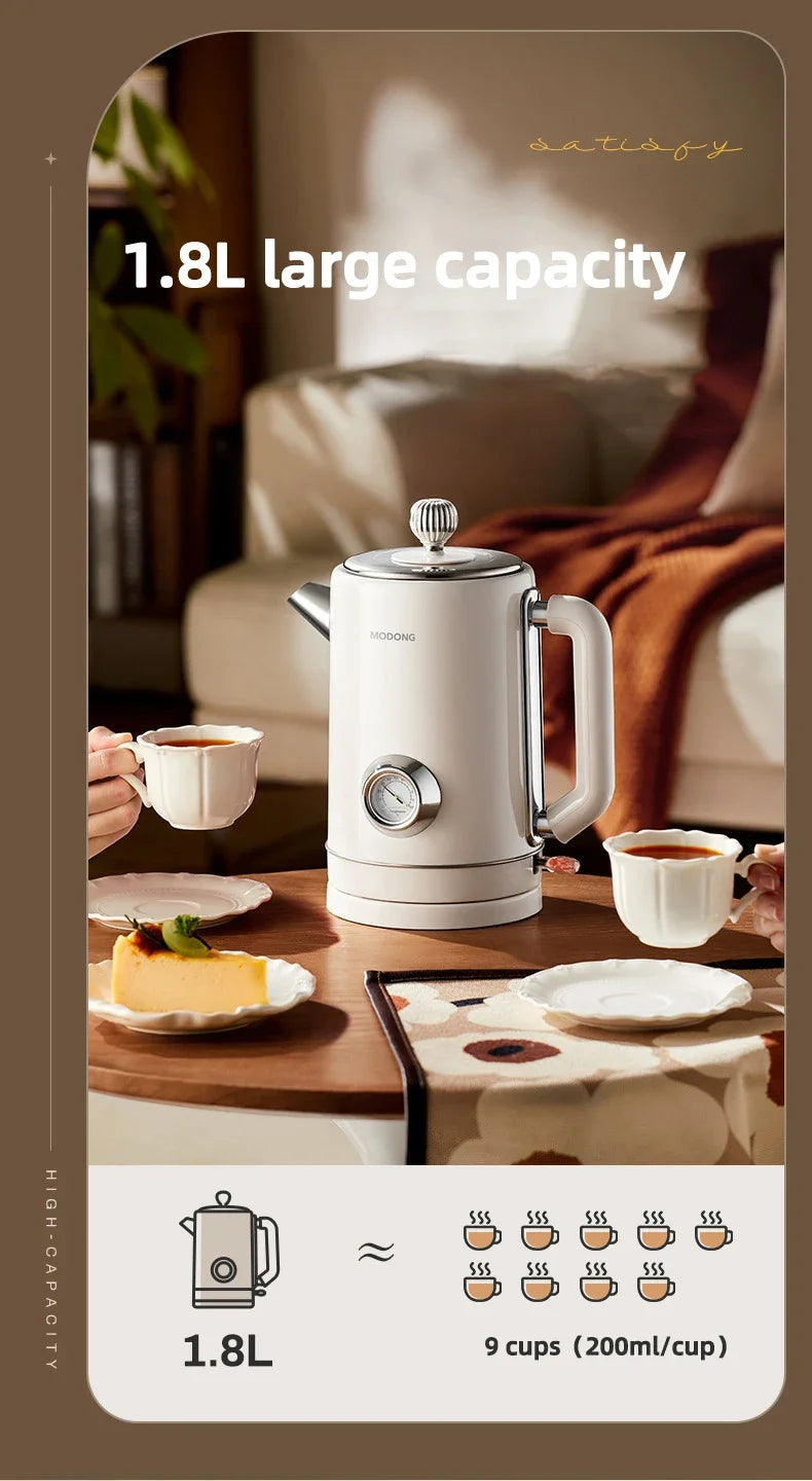 Retro 1.8L Electric Kettle with Mechanical Thermometer Stainless Steel Boil Water Tea Pot Automatic Power off Insulation Pot