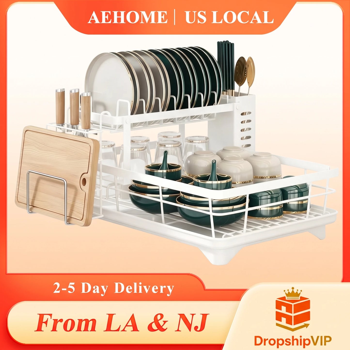2-Tier Carbon Steel Dish Drying Rack for Kitchen Counter, Large Capacity Dish Drainer with 360° Swivel Spout, Rust-Proof Utensil & Cutting Board Holder