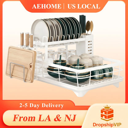 2-Tier Carbon Steel Dish Drying Rack for Kitchen Counter, Large Capacity Dish Drainer with 360° Swivel Spout, Rust-Proof Utensil & Cutting Board Holder