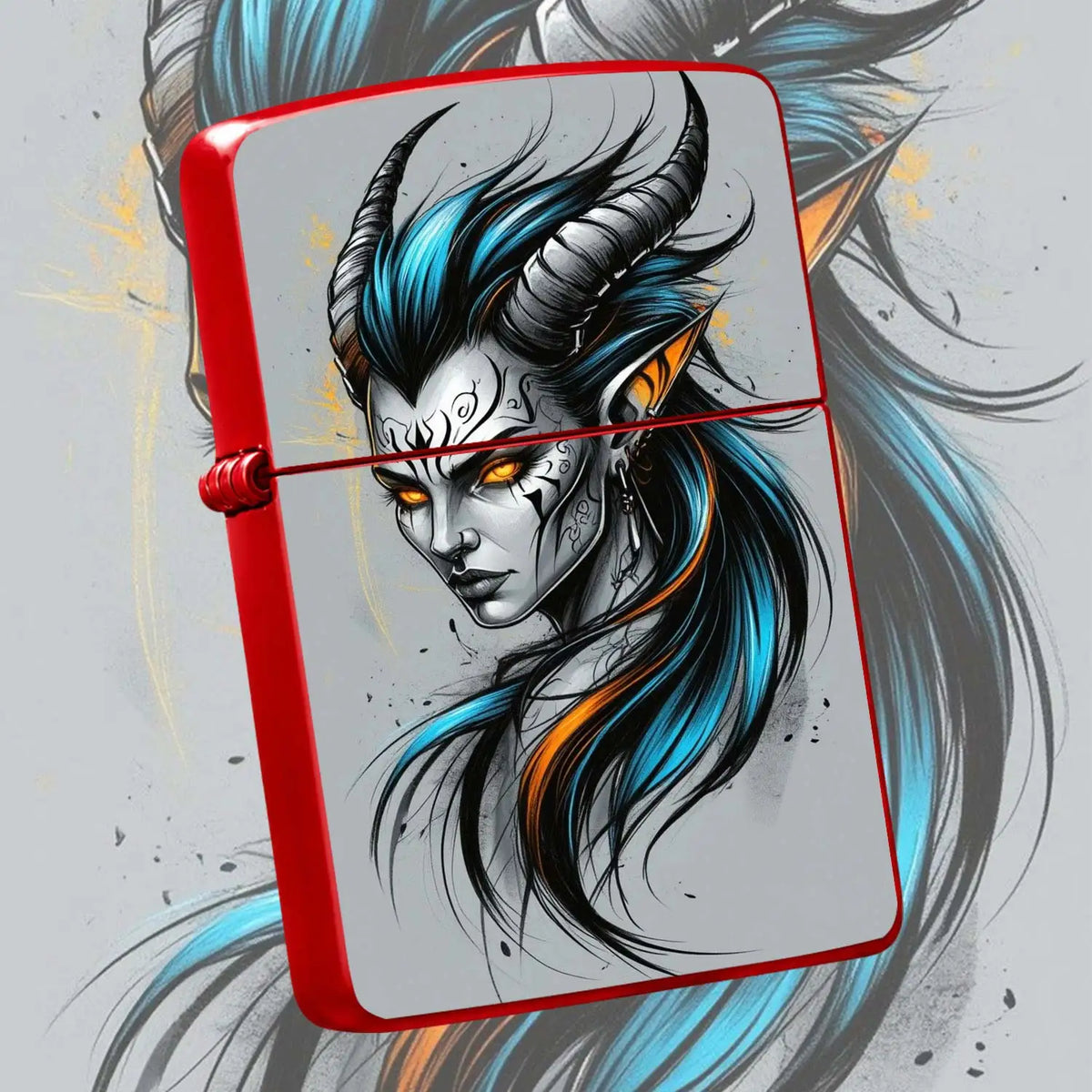 Stylish Tiefling Character Portable Igniter, Bold Cyan Orange Contrast Dark Fantasy Themed Accessory, Fits All Daily Scenarios, Ideal Unique Present For Friends And Hobbyists, Combines Decor Display And Practical Usage A Humo