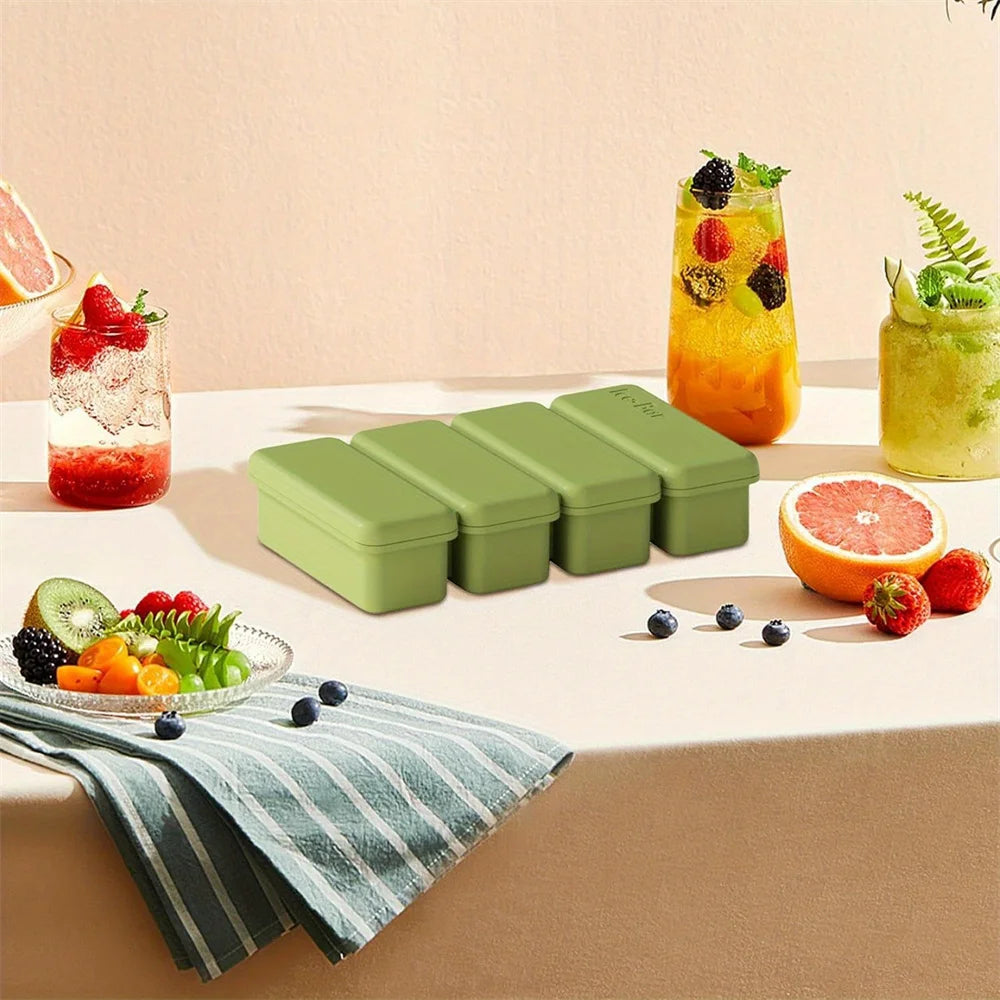4 Grids Silicone Ice Cubes Trays With Lid Homemade Popsicle Mould Food Freezing Container for Freezer Molds for Soups and Sauces