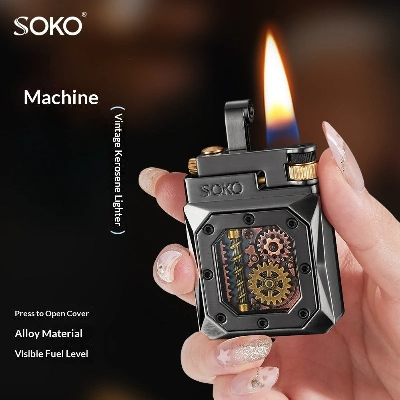 2026 Mechanical Style Press Open Cover Open Flame Kerosine Lighter Zinc Alloy Double sided Pattern Visual Oil Tank Lighters Gift