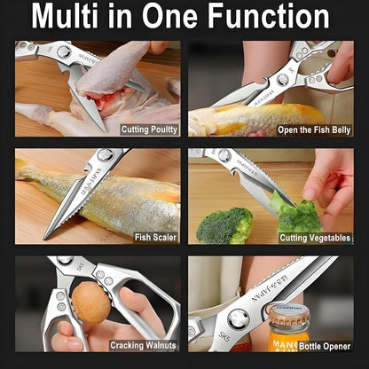 Heavy Duty Kitchen Scissors – Sharp Stainless Steel Cooking Shears for Meat, Chicken, Fish, Poultry, Herbs and Bread, Dishwasher Safe, Silver