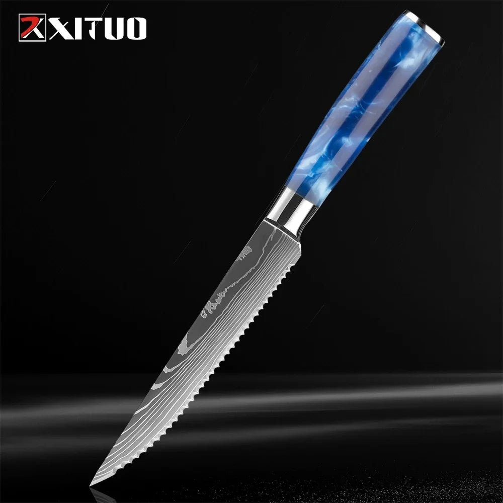 Stainless Steel Chef Knife Kitchen Knife Set 1-8Piece Razor-Sharp Paring Knife, Boning Knife, Santoku Knife, Blue Resin Handle
