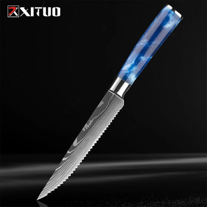 Stainless Steel Chef Knife Kitchen Knife Set 1-8Piece Razor-Sharp Paring Knife, Boning Knife, Santoku Knife, Blue Resin Handle