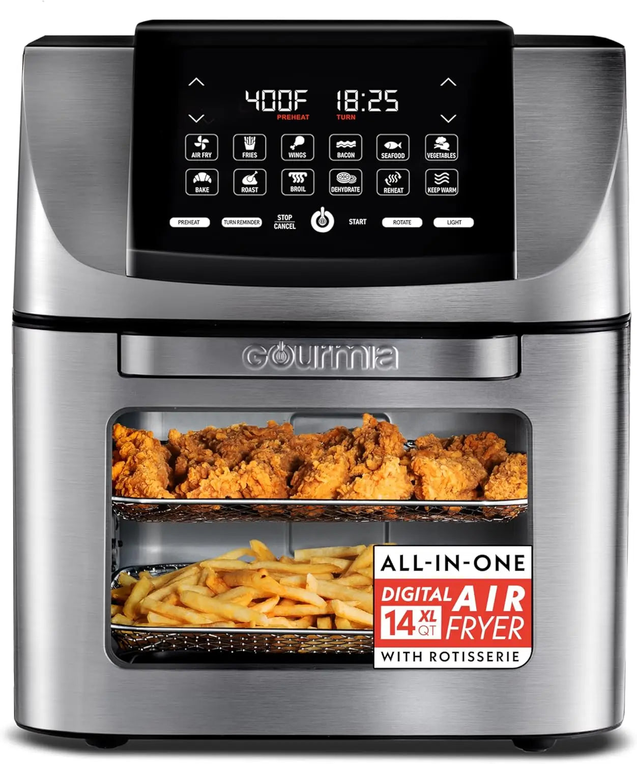 14 Qt Air Fryer Oven with Rotisserie, 12 Presets, Digital Display, Stainless Steel