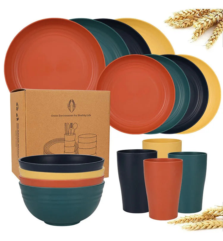 Natural Wheat Straw Tableware Set Dinnerware Sets Biodegradable Unbreakable Plates, Bowls, Cups Lightweight for Kitchen Camping
