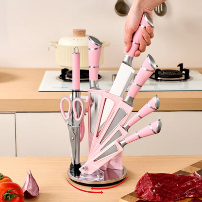 9-Piece Set Stainless Steel Kitchen Knives - with Storage Rack - Ultra-sharp Chef's Knife for Home Cooking Essentials Pink/White