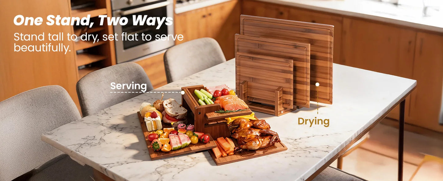 Bamboo Cutting Board Set With Stand, 3PCS Double-Sided Chopping Boards For Kitchen Meal Prep & Serving, Charcuterie, Juice Groov