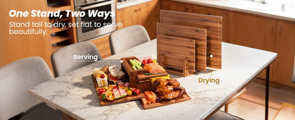 Bamboo Cutting Board Set With Stand, 3PCS Double-Sided Chopping Boards For Kitchen Meal Prep & Serving, Charcuterie, Juice Groov