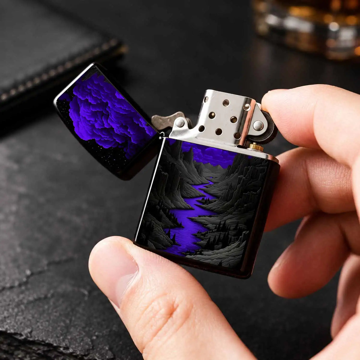Mysterious Purple Nightriver Landscape Lighter, Starry Cloud Valley Scenic Portable Igniter, Stylish Decor For Outdoor Camping Daily Commute, Unique Exquisite Gift For Scenery Lovers, Artistic Aesthetic Collectible Acce A Hum