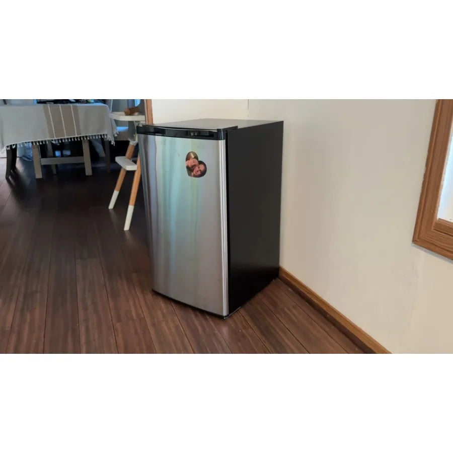 Dorm fridge with freezer: 3.2 cu.ft silver compact refrigerator for bedroom, office, kitchen, dorm; reversible door, adjustable