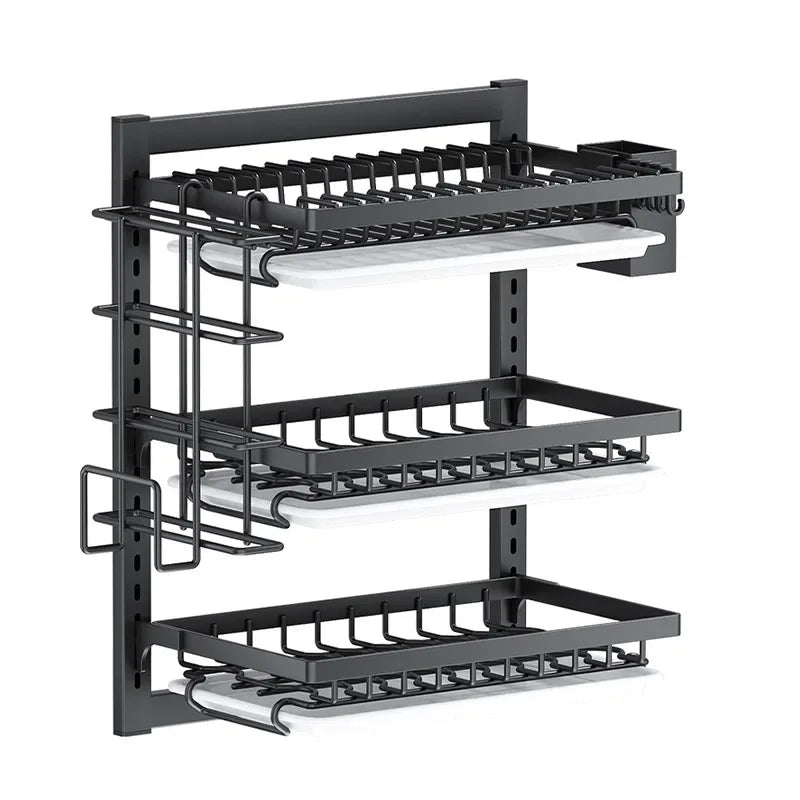 Wall-Mounted Kitchen Dish Rack Multifunctional Kitchen Organizer with Drainboard Cutlery Storage Holder Dinnerware Drainer