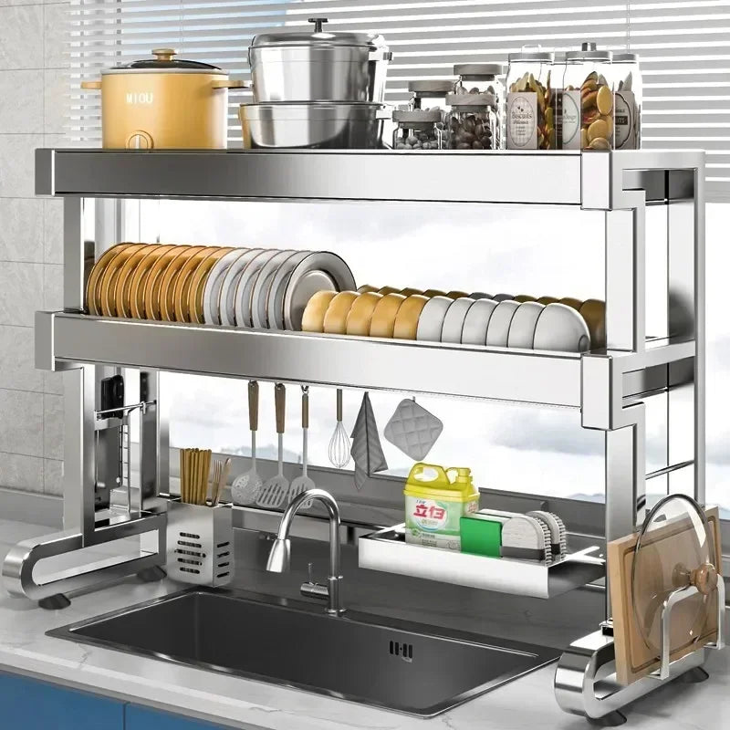 304 Stainless Steel Sink Storage Rack 2 Layers Kitchen Shelf Multifunctional Bowl Dish Drain Basket Space Saving Organize Shelf