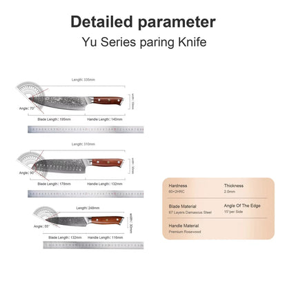 1/3PCS Kitchen Knife Sets Japanese Forged Damascus Steel Chef Santoku Knives Stainless Steel Rosewood Handle