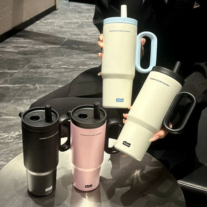 720ML Stainless Steel Thermos Cup with Straw & Handle Ice Coffee Drink Vacuum Insulated Cup Car Travel Outdoor Water Bottle