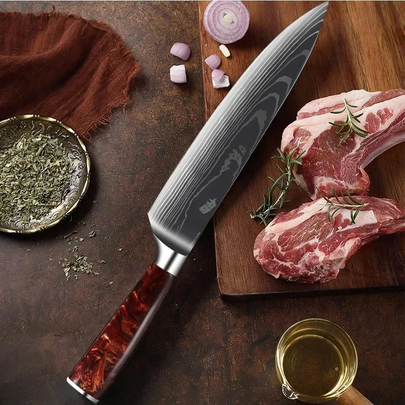 Damascus Pattern Knives Set Stainless Steel Chef Knife Japanese Santoku Knife Boning Knife Meat Cleaver Household Bread Knives