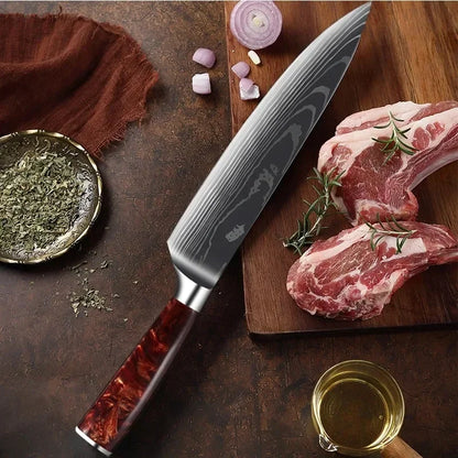 Damascus Pattern Knives Set Stainless Steel Chef Knife Japanese Santoku Knife Boning Knife Meat Cleaver Household Bread Knives