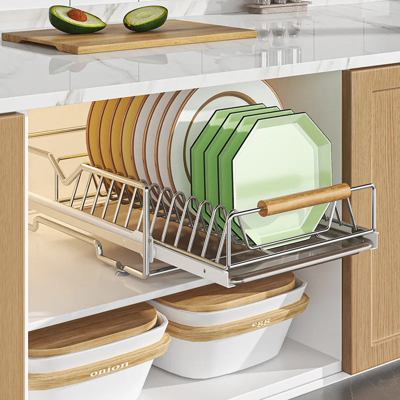 Pull-Out Under Kitchen Sink Organizer Dish Plate Drying Rack, Cabinet Layered Shelf, Pull-Out Basket for Spice Tableware Storage
