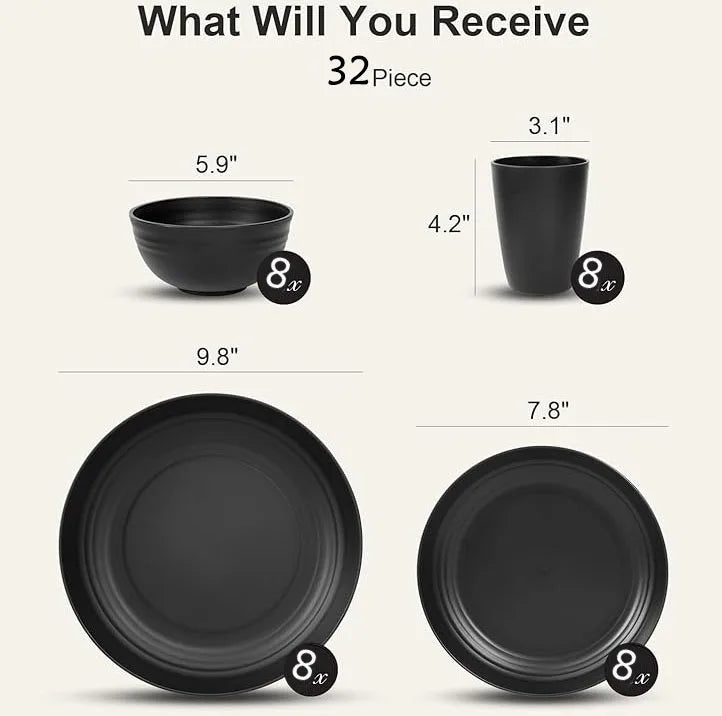 32-Piece Wheat Straw Dinnerware Set | Service for 8 | BPA-Free, Unbreakable, Microwave & Dishwasher Safe | Colorful Plates, Bowl