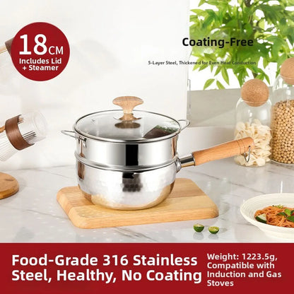Stainless Steel Sauce Pan with Steamer Basket Glass Lid and Functional Design for Milk Heating Noodle Cooking and Steaming