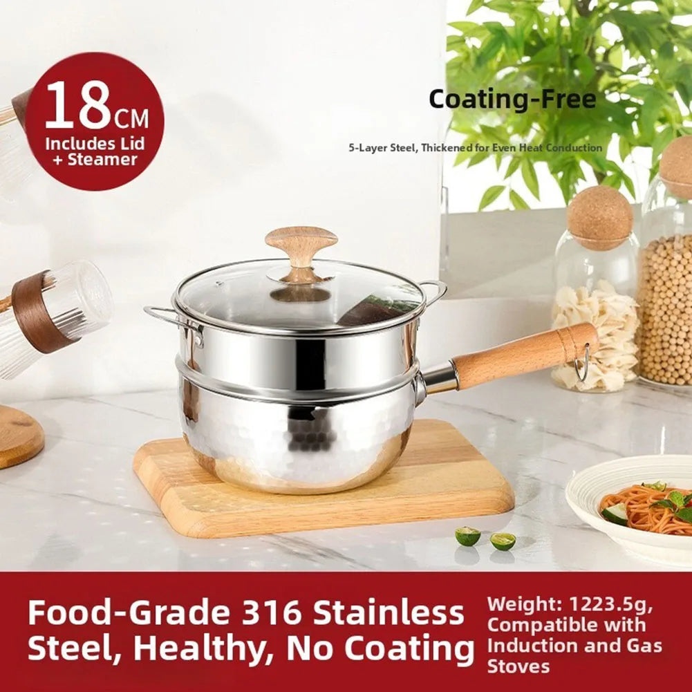 Stainless Steel Sauce Pan with Steamer Basket Glass Lid and Functional Design for Milk Heating Noodle Cooking and Steaming