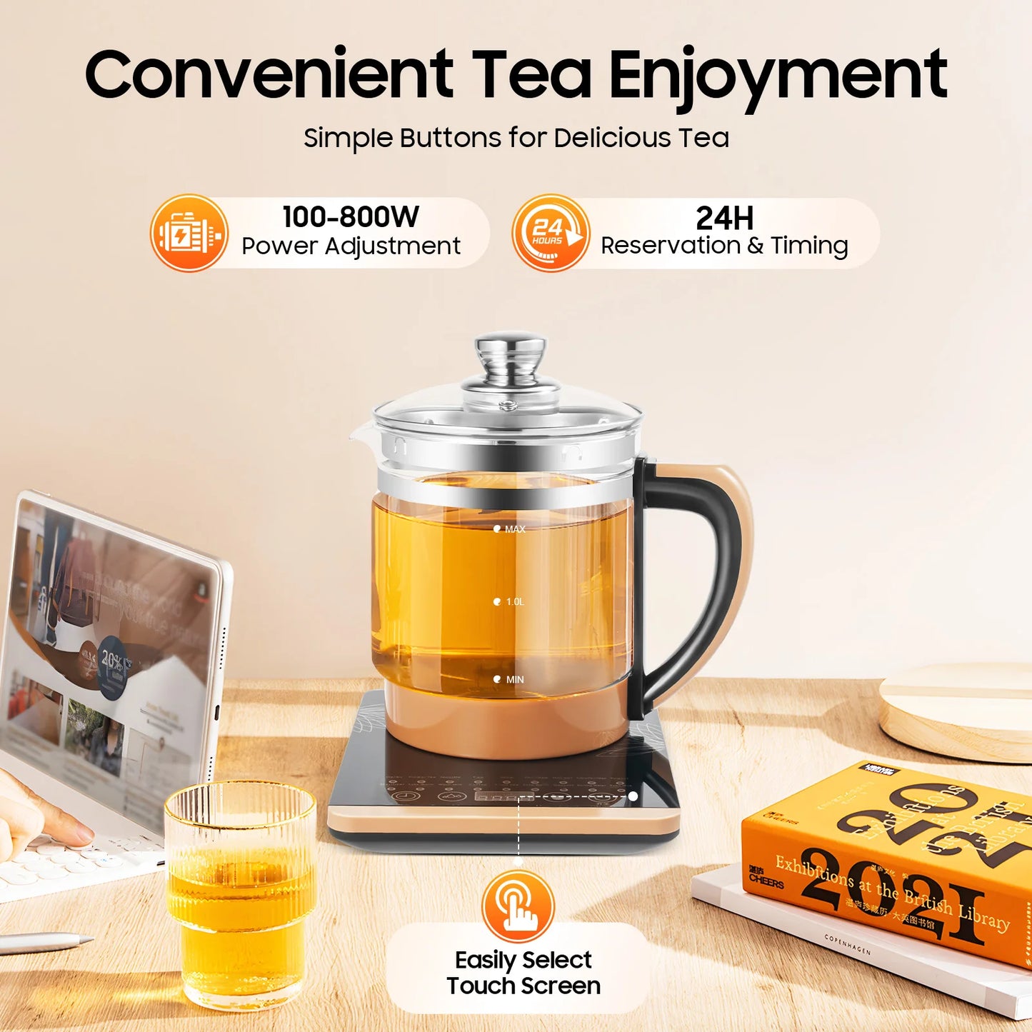 Electric Tea Kettle 1.8L 800W Electric Health Pot with 12 Independent Warming Stages with 18 Menu Portable Kettle for Tea Coffee