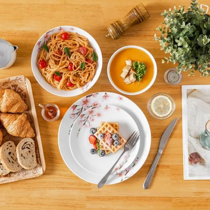 Dinnerware Set for 6 24 Pieces Porcelain Plates and Bowls with Pink Floral Design Microwave and Dishwasher Safe Classic Dining