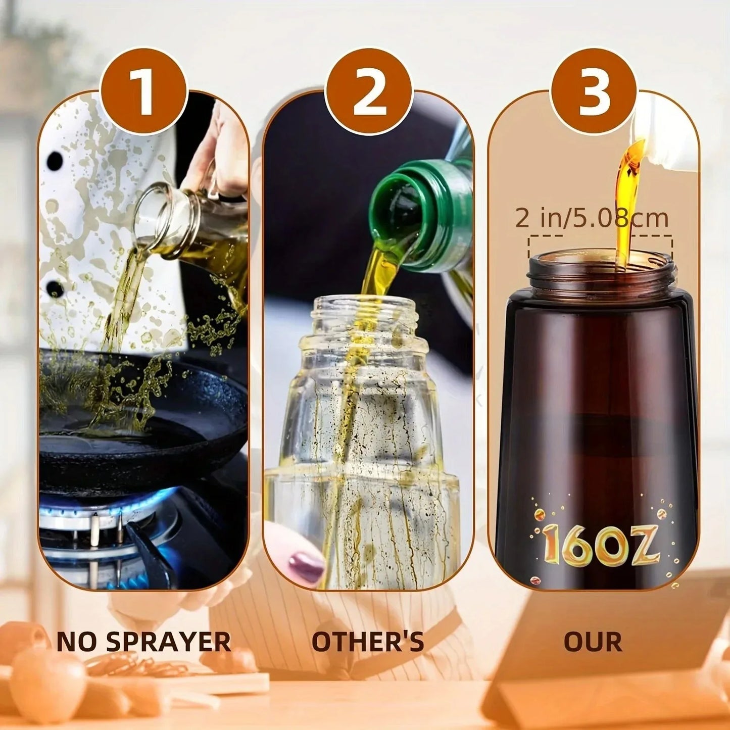 2-in-1 470ml Light Blocking Brown Oil Sprayer for Cooking Olive Oil Dispenser Bottle for Kitchen Oil Bottle Seasoning Tools