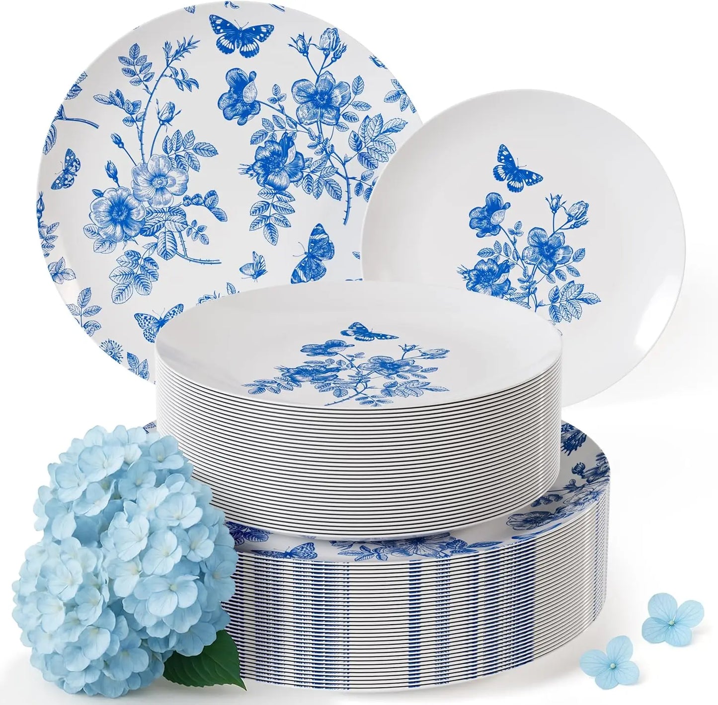 Disposable Plates For Party Supplies | Blue Floral Plastic Plates For Wedding 40 Pcs - 20 X 8 & 20 X 10 Dinner Plate Sets | F