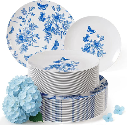Disposable Plates For Party Supplies | Blue Floral Plastic Plates For Wedding 40 Pcs - 20 X 8 & 20 X 10 Dinner Plate Sets | F