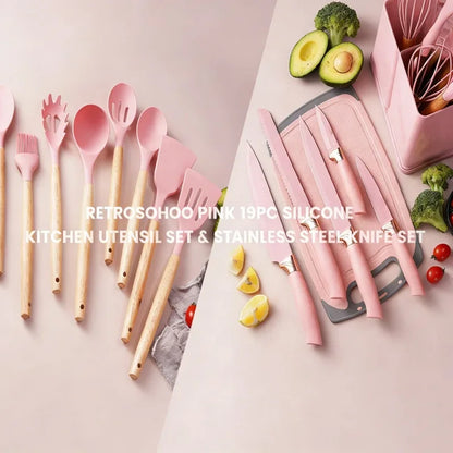 19-in-1 Kitchen Knife & Silicone Utensil Combo Set, Heat Resistant Cooking Tools with Detachable Storage Organizer