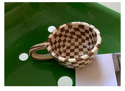 Checkerboard Shape Mug, Korean Retro Ceramic Coffee Mug, Office Latte Mug, Holiday Gift,Home Use Simple Water Cup