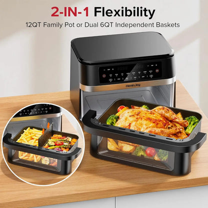 12QT Dual Basket Air Fryer with Flex Design, Viewing Window & 50PCS Liners, 12-in-1 Family Size, Sync & Dual Cooking, Dishwasher Safe