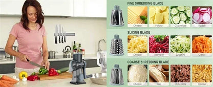 Vegetable Cutter & Slicer Manual Kitchen Cheese Chopper Machine With 3 Sharp Drums Multifunctional Garlic Potato Shredder