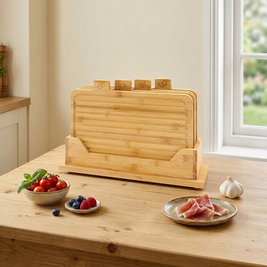 33.53*22.61 cm Bamboo Cutting Board, Chopping Boards Set With Food Icons, 4-Piece Bamboo Cutting Board Set With Holder