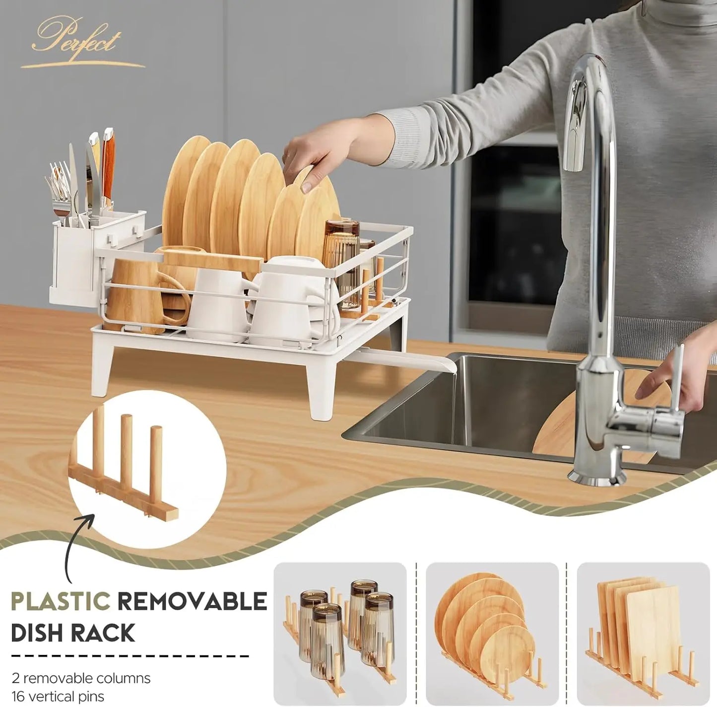 Upgrade Dish Racks for Kitchen Counter Carbon Steel Dish Drainer with Removable Cutlery Holder & Drainboard, White